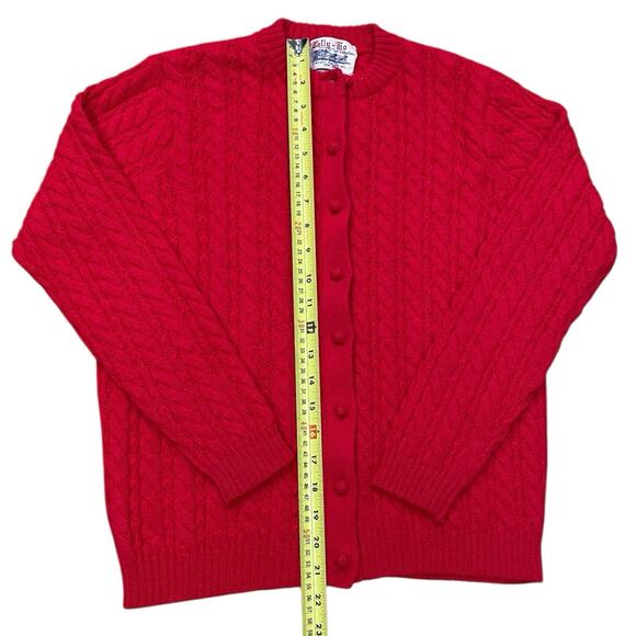 VINTAGE Tally Ho Cardigan Sweater Womens 42 Red 100% Wool Cable Knit Knot Button - Picture 8 of 8